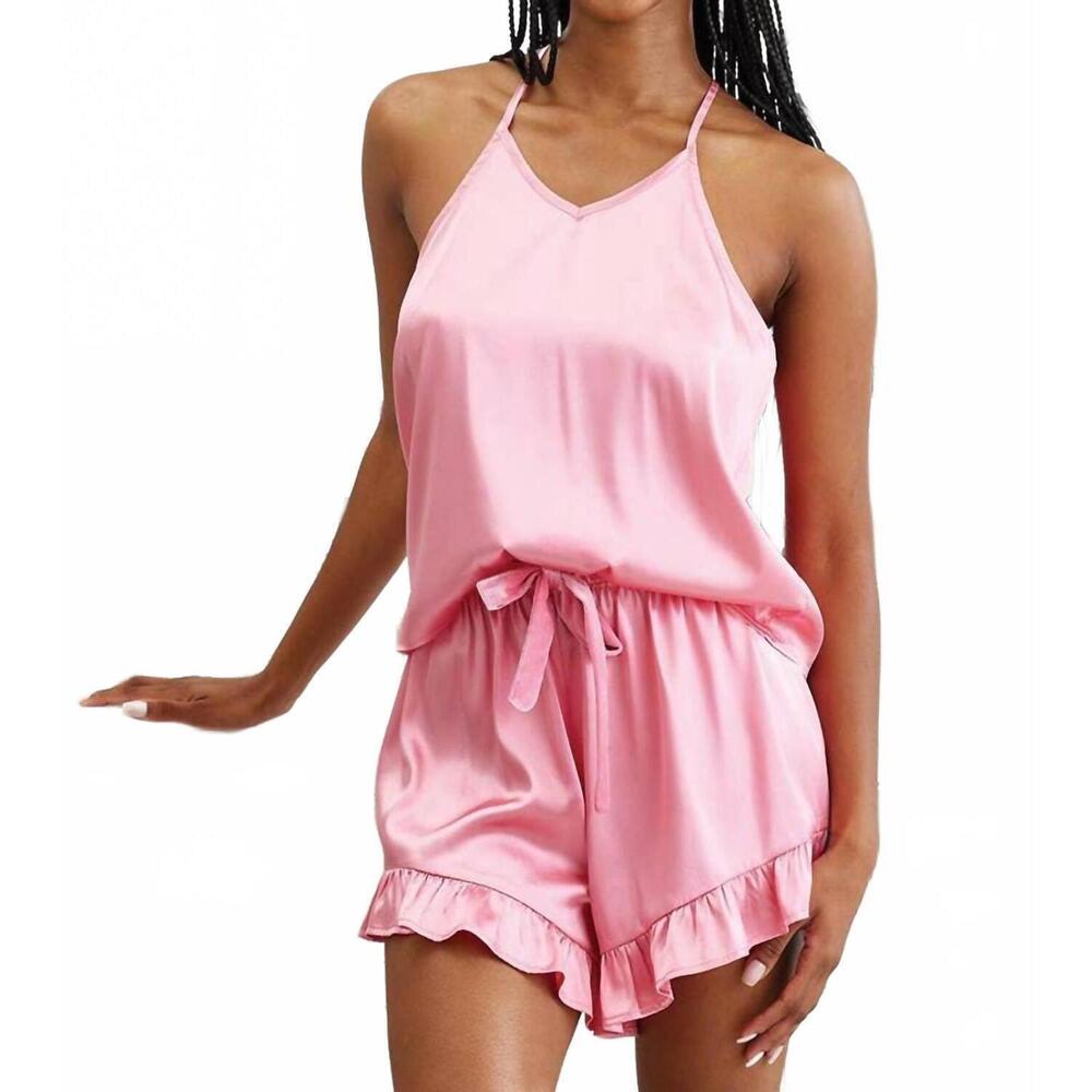 NEW BELLA SLEEP + SPA satin cami pajama set with ruffle shorts in pink